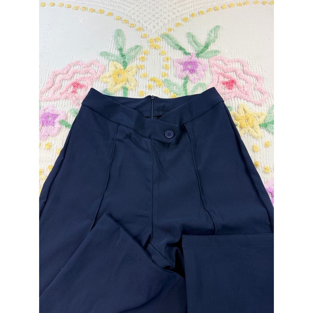 SHEIN Wide Leg Pants Navy Blue High Waisted Button Detail Pleated Culottes L - Picture 6 of 8